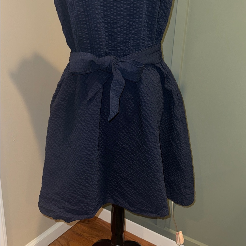 Brooks Brothers Navy Textured Short Sleeve Belted Dress - Picture 12 of 14